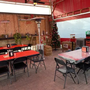 a patio area with tables and chairs