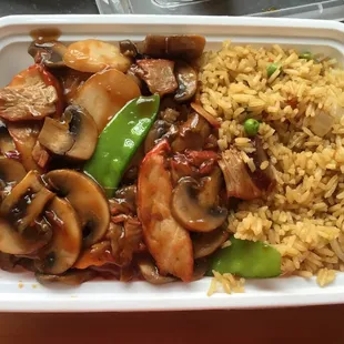 take out - roast pork w/ mushroom, fried rice, and an egg roll.