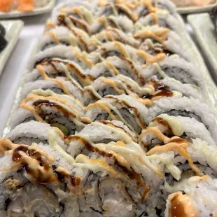 a long platter of sushi