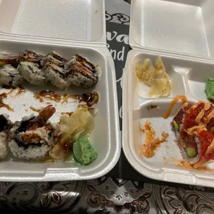 Left: Shrimp tempura Right: Double tuna roll