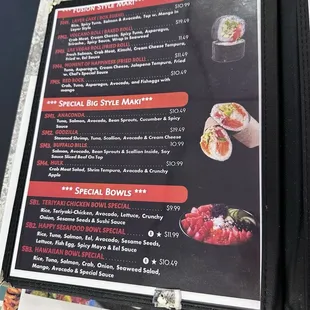 sushi and sashimi, menu