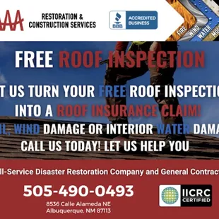 Call us today for a free inspection.