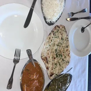 Chicken Tikka Saag, Fish, rice, and garlic naan