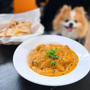 Pistachio Chicken Kuruma: Chicken breast cooked in pistachio sauce | $17.99 (+$6.99 garlic cheese naan)