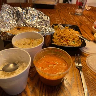 Biryani side, Butter Chicken, Butter Naan, Veg Hakka Noodles, Special Chicken Biryani
