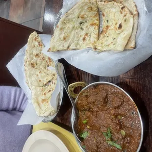 Garlic naan and lamb curry