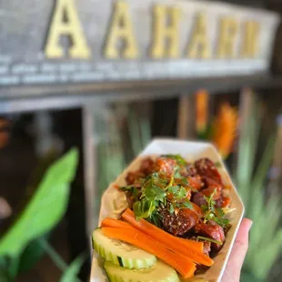 a hand holding a plate of food