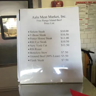 a price list for a restaurant