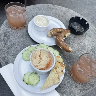 Belmont Jewels, hummus plate, pretzel