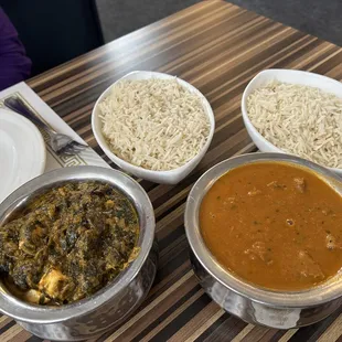 Saag Paneer and Lamb Curry with rice.
