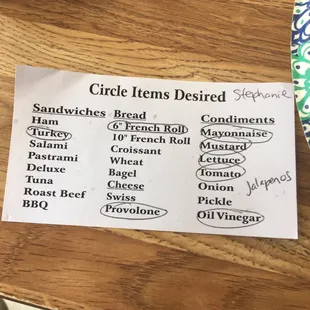 You circle the items you want on your sandwich
