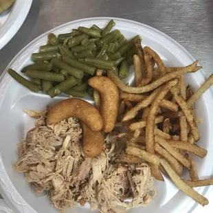 Slow cooked turkey bbq , green beans and fresh cut French fries