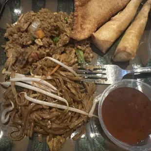 Drunkin noodle, kow pad, crab rangoon, and koong hom pa.