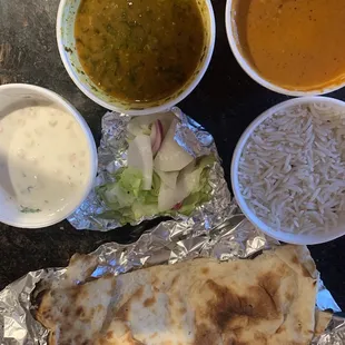 Salad, black bean lentils, naan. And