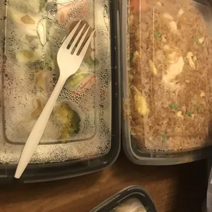 Broccoli beef and fried rice