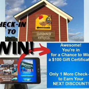 It's Giveaway Time!!! We are giving away $100.00 Gift Certificate to Abandoned Antiques Check in to the Kiosk at the front counter by 12/17
