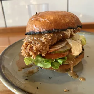 Chicken sandwich ($13) with fried chicken breast and sesame ginger garlic sauce.