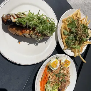 Abang yoli dog. Rice noodle salad. Asian fries