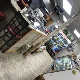 Kitchen on the left, meat counter on the right