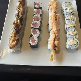 Eel, tempura,   Cali , and tuna