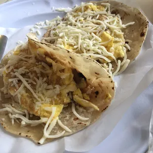 Egg, bean, and cheese tacos