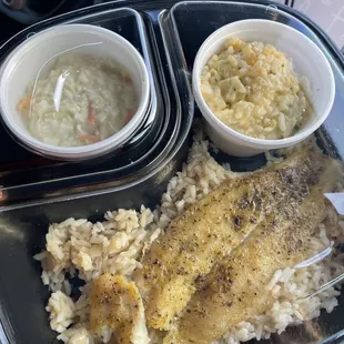 Grilled Catfish, Broccoli Casserole, Cole Slaw.