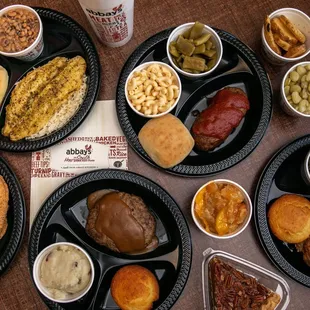 Baked fish, Meatloaf, Hamburgersteak,Baked Chicken, MacnCheese, Turnip Greens, Black-Eyed Peas