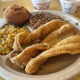 Fried Fish. Pinto Bean. Corn. Cornbread.