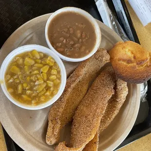 Fried Fish Meal Two. Pinto Beans. Corn. Corn Bread