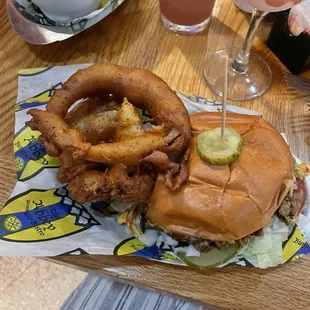 BYO veggie burger with onion rings