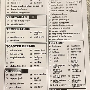 Build your own burger menu