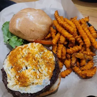 Black &amp; Blue Cheese Burger with Sweet Potato Fries