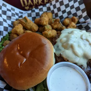 Mushroom Swiss Burger and Okra