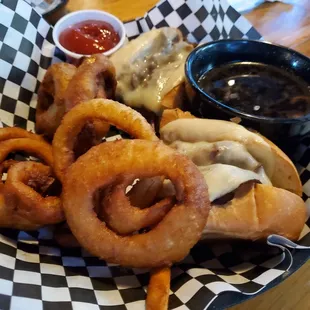 French dip and onion rings.