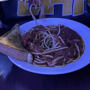 Spaghetti sauce with garlic toast... not as much a fan of this... maybe break down the huge chunks of tomato...