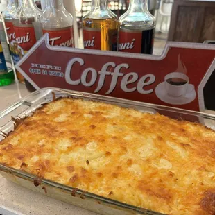 Hash brown casserole, get it while you can. Sells out fast. Homemade.