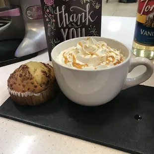 Banana nut muffin with a coffee rolled with whip n drizzle
