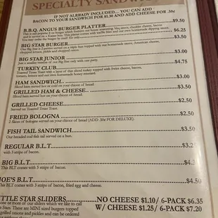 a menu for special sandwiches
