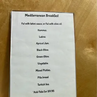 Breakfast menu