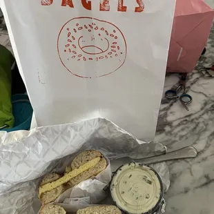 Egg with everything bagel and scallion cream cheese on the side