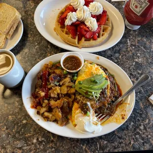 Ranchero Omelette and strawberry waffle
