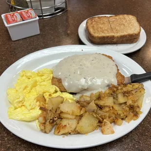 Country fried steak and eggs