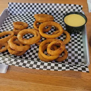 Rings $8 plus $1 (why) for dipping sauce.  A bit skimpy for my taste.
