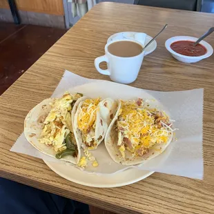 Cactus, egg and cheese, potato egg and cheese taco and bacon egg and cheese taco