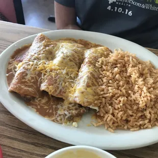 Beef Chiladas and rice