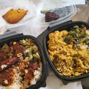 Pepper Steak, white rice and Curry chicken with rice and vegetables..  beef pattie and plantains