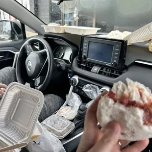 Eating in the car since there&apos;s no seating at the ABC bakery