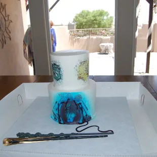 a cake and scissors