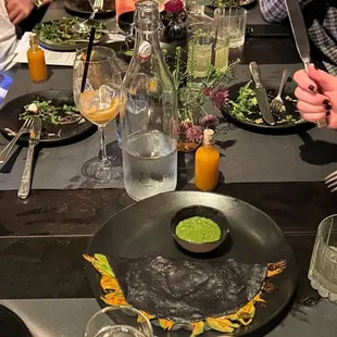 Heirloom blue corn quesadilla, squash blossom and tomatillo salsa