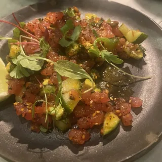 Yellowfin Tuna Tartare, Salsa Macha, Avocado, Cucumber and Mint